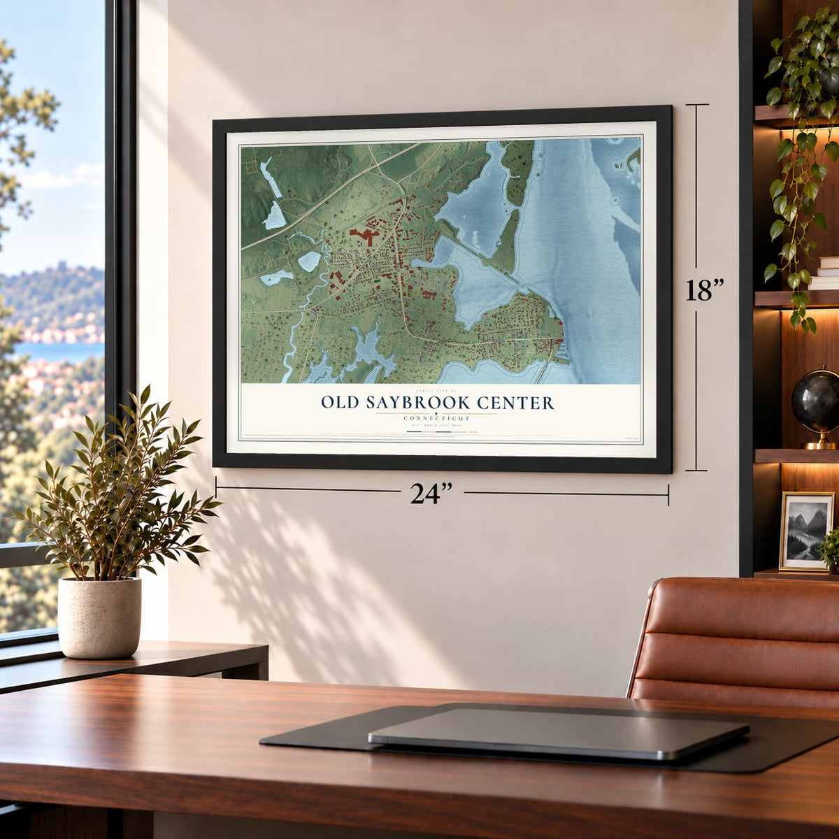 Old Saybrook Center, Connecticut map, 18 x 24 inch print in a black frame in a home office