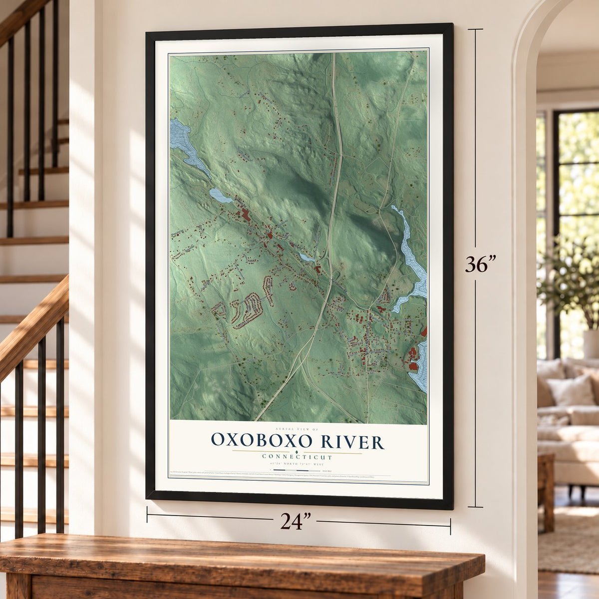 Oxoboxo River, Connecticut map, 24 x 36 inch print in a black frame by a staircase