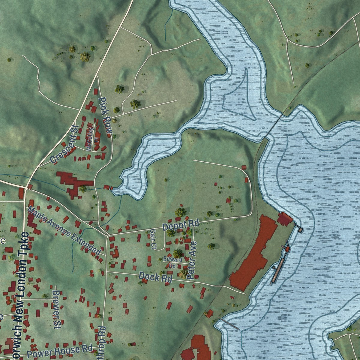 Close-up of the map of Oxoboxo River, Connecticut print showing street and building detail