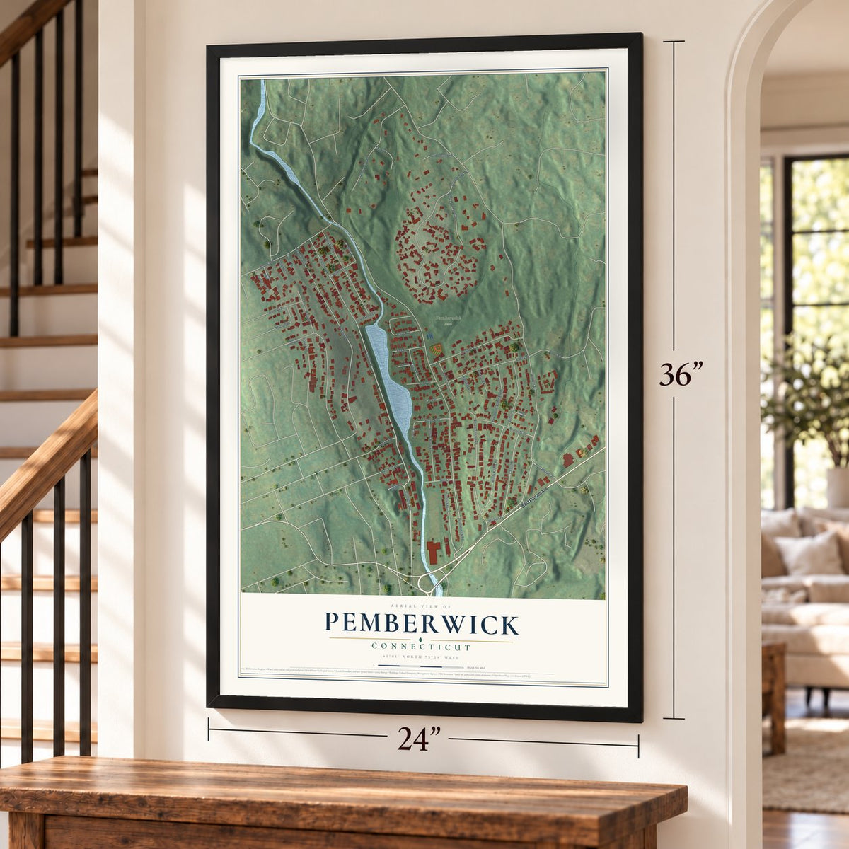 Pemberwick, Connecticut map, 24 x 36 inch print in a black frame by a staircase
