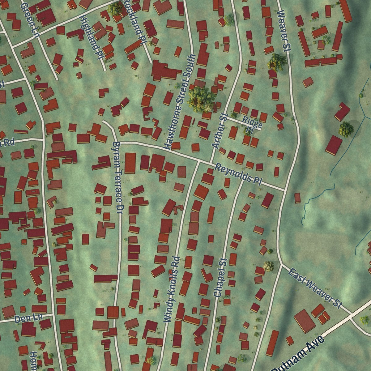 Close-up of the map of Pemberwick, Connecticut print showing street and building detail