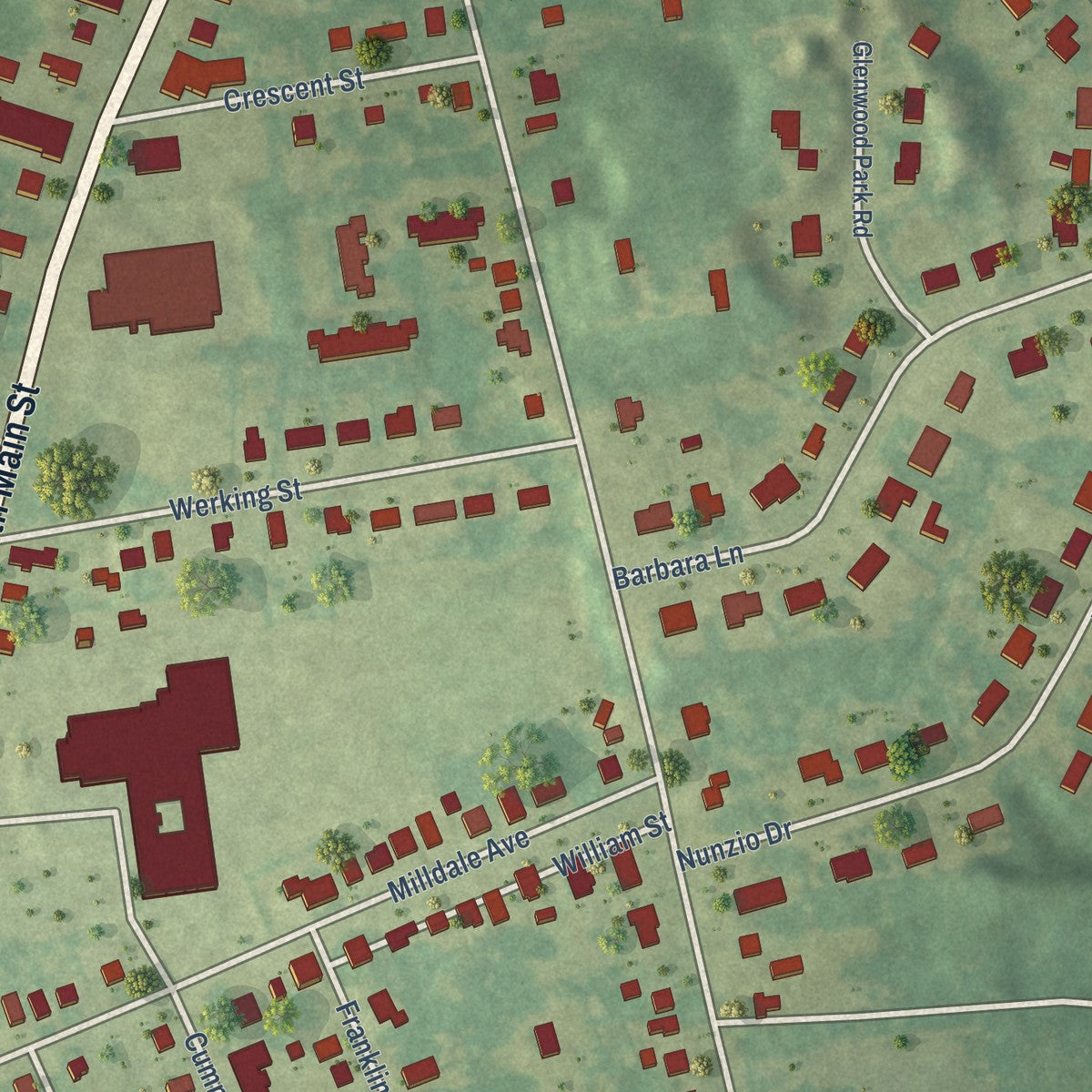 Close-up of the map of Plantsville, Connecticut print showing street and building detail