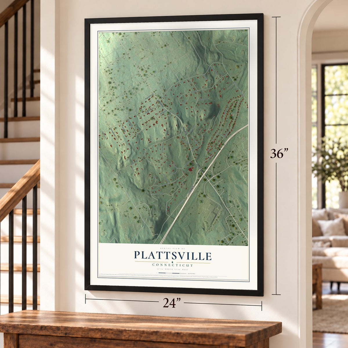 Plattsville, Connecticut map, 24 x 36 inch print in a black frame by a staircase