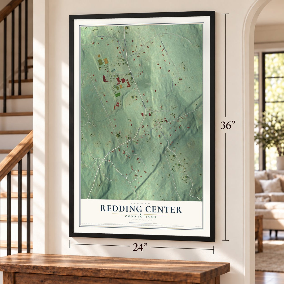 Redding Center, Connecticut map, 24 x 36 inch print in a black frame by a staircase