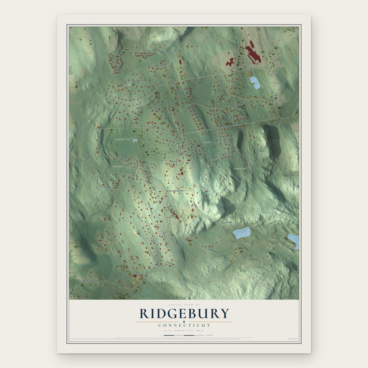 Ridgebury, Connecticut map print, the full design