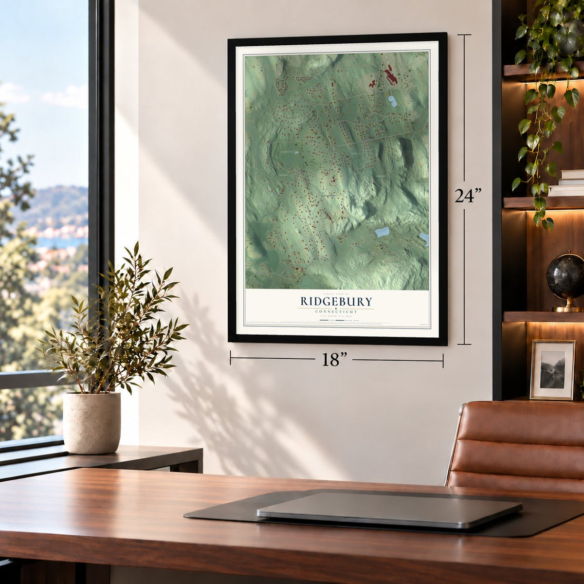 Ridgebury, Connecticut map, 18 x 24 inch print in a black frame in a home office