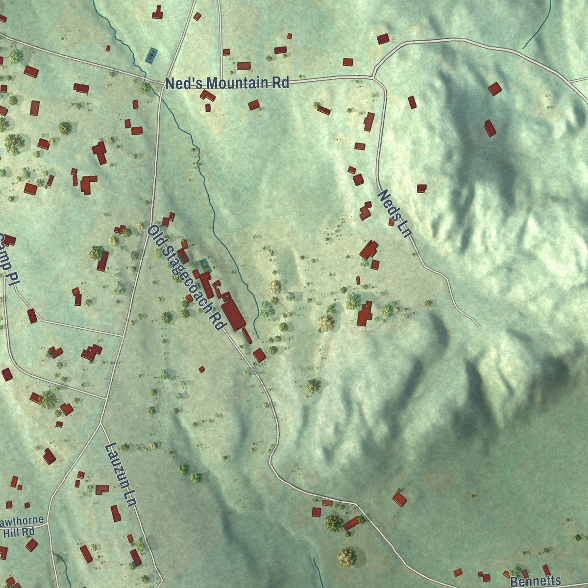 Close-up of the map of Ridgebury, Connecticut print showing street and building detail