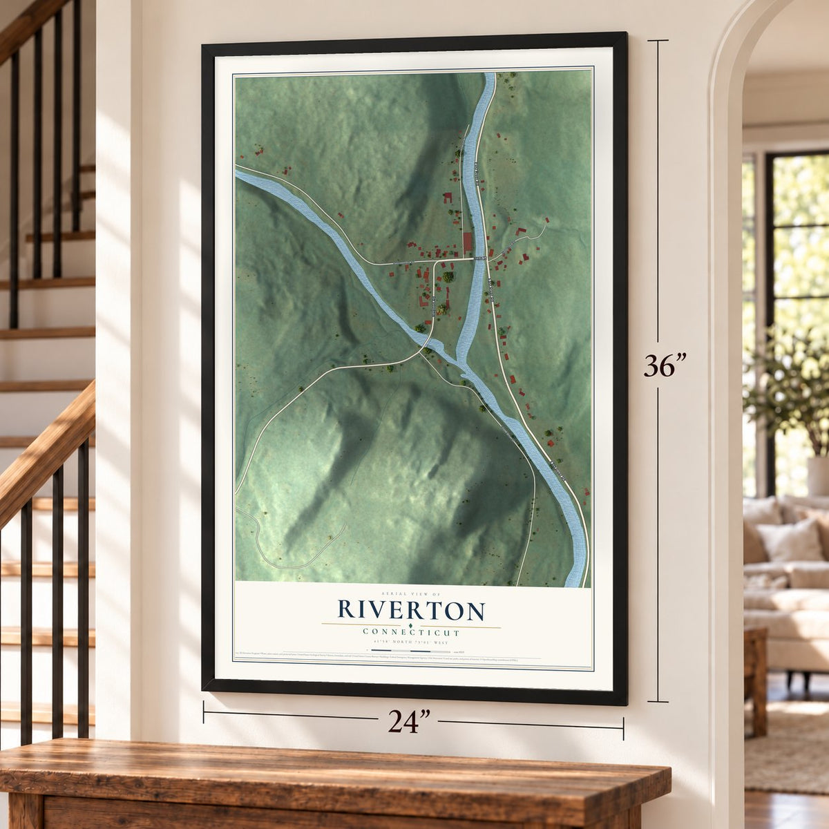 Riverton, Connecticut map, 24 x 36 inch print in a black frame by a staircase