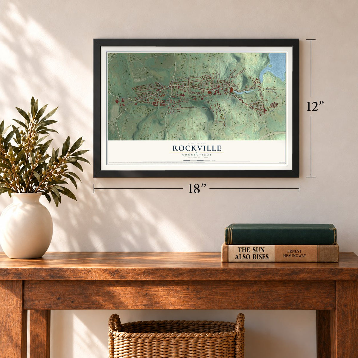 Rockville, Connecticut map, 12 x 18 inch print in a black frame in an entryway