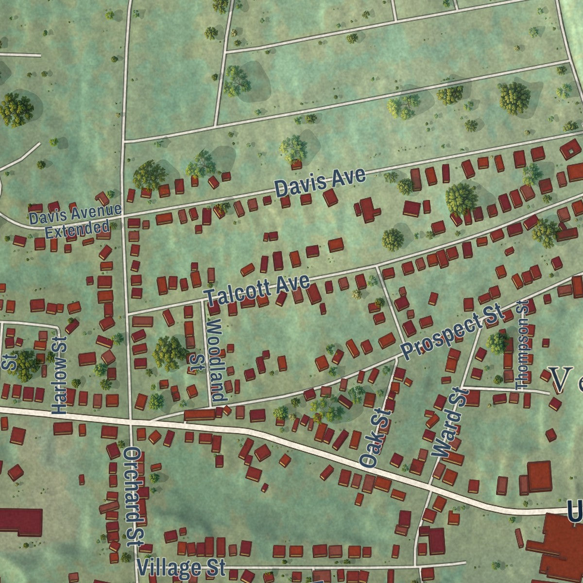 Close-up of the map of Rockville, Connecticut print showing street and building detail