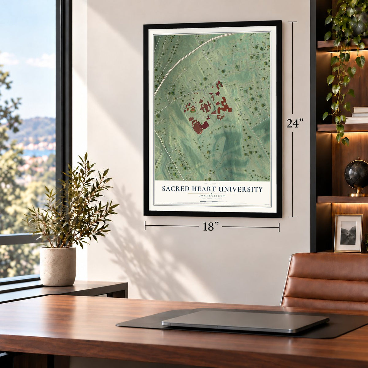 Sacred Heart University, Connecticut map, 18 x 24 inch print in a black frame in a home office