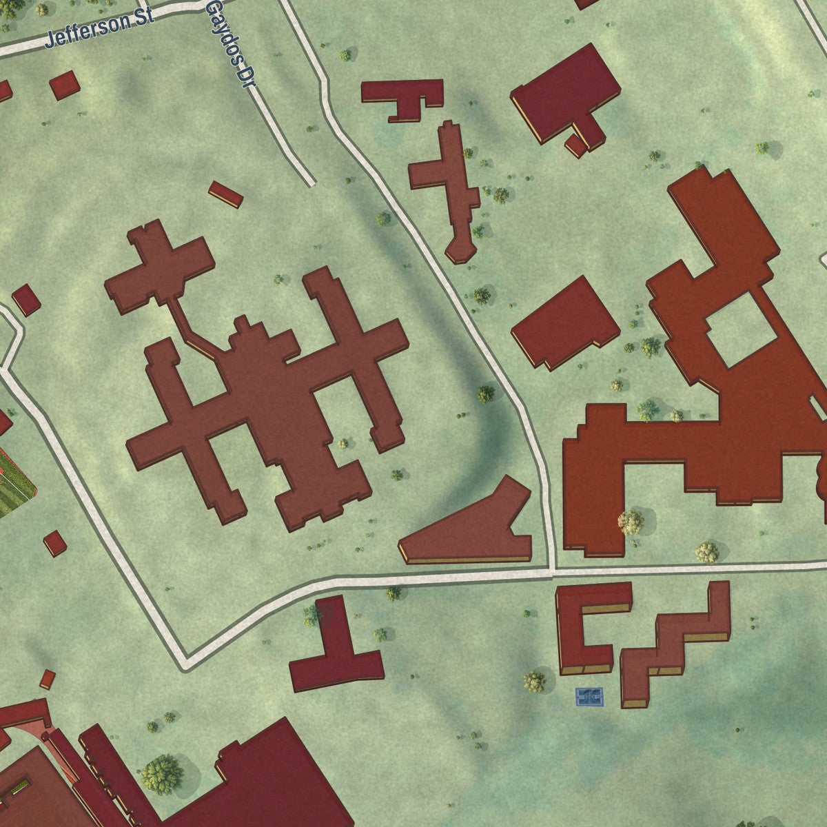 Close-up of the map of Sacred Heart University, Connecticut print showing street and building detail