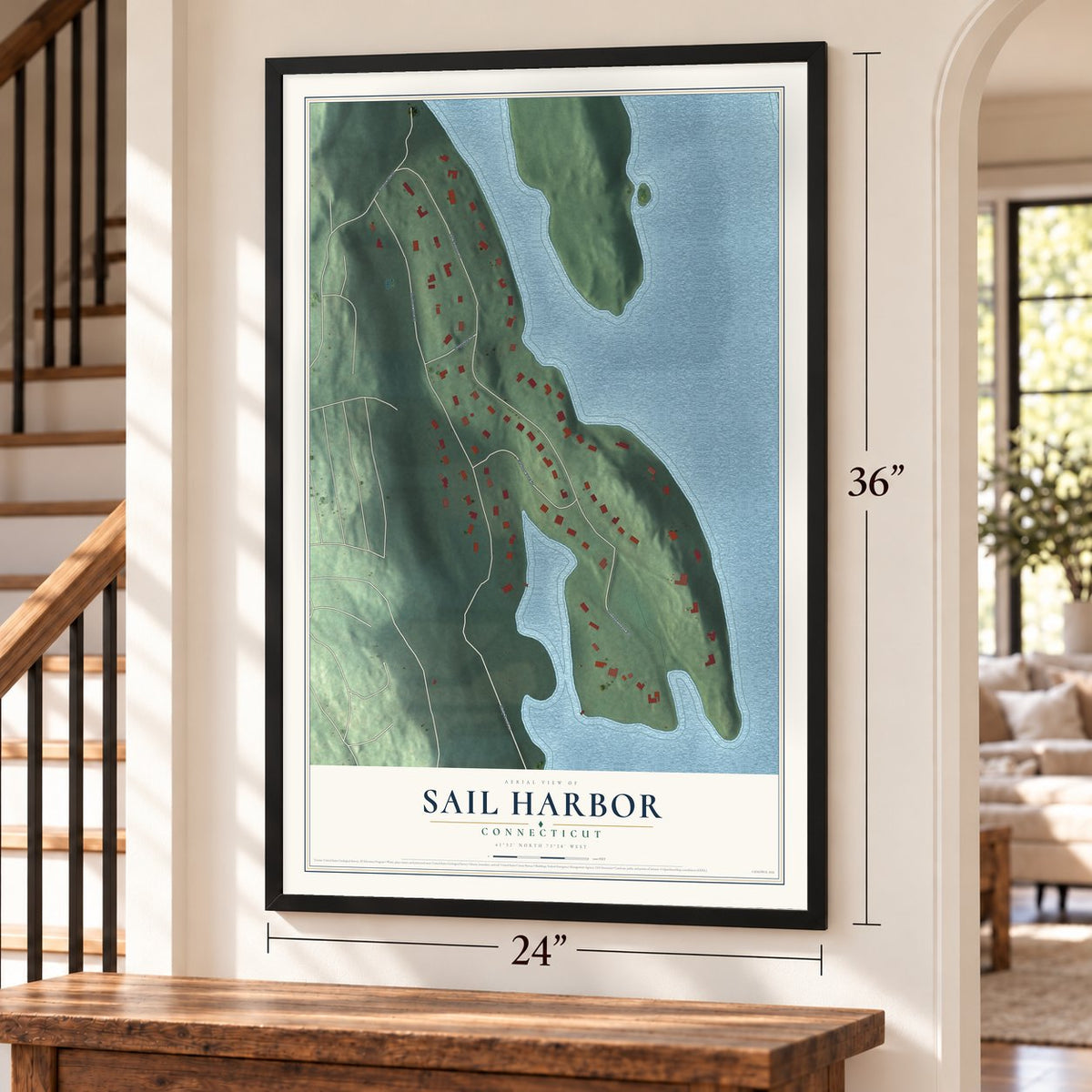 Sail Harbor, Connecticut map, 24 x 36 inch print in a black frame by a staircase