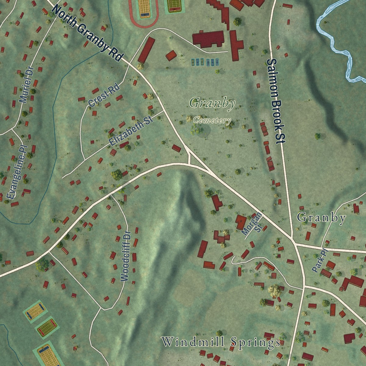 Close-up of the map of Salmon Brook, Connecticut print showing street and building detail