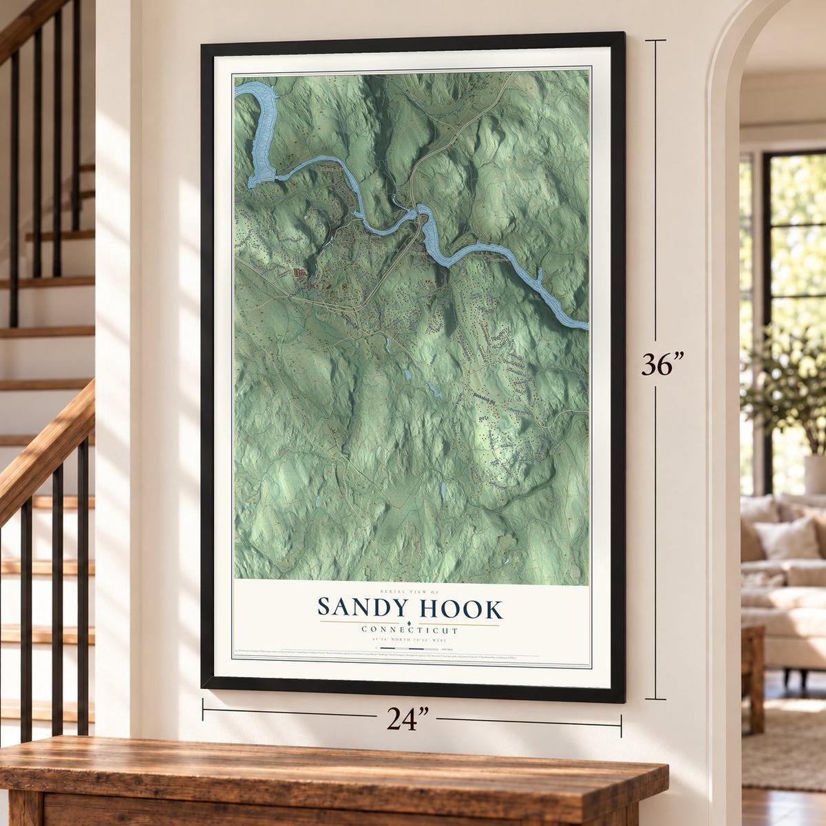 Sandy Hook, Connecticut map, 24 x 36 inch print in a black frame by a staircase
