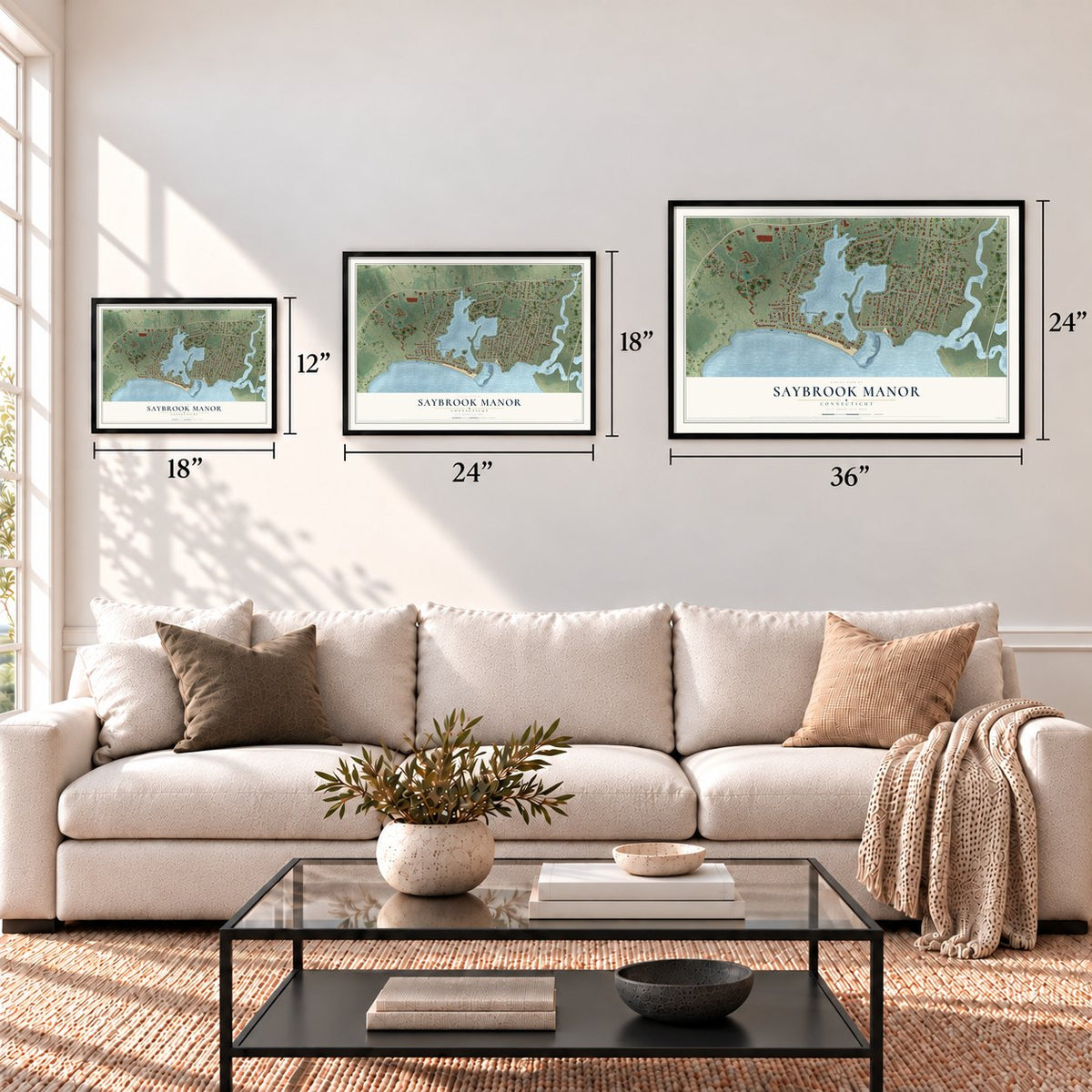 Saybrook Manor, Connecticut map in 12 x 18, 18 x 24 and 24 x 36 inch sizes above a sofa
