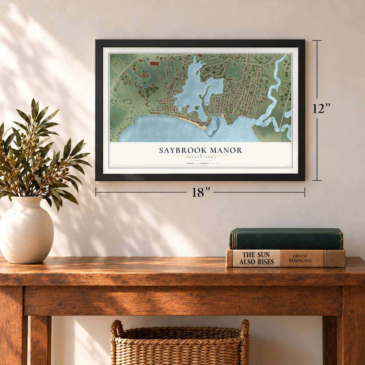 Saybrook Manor, Connecticut map, 12 x 18 inch print in a black frame in an entryway