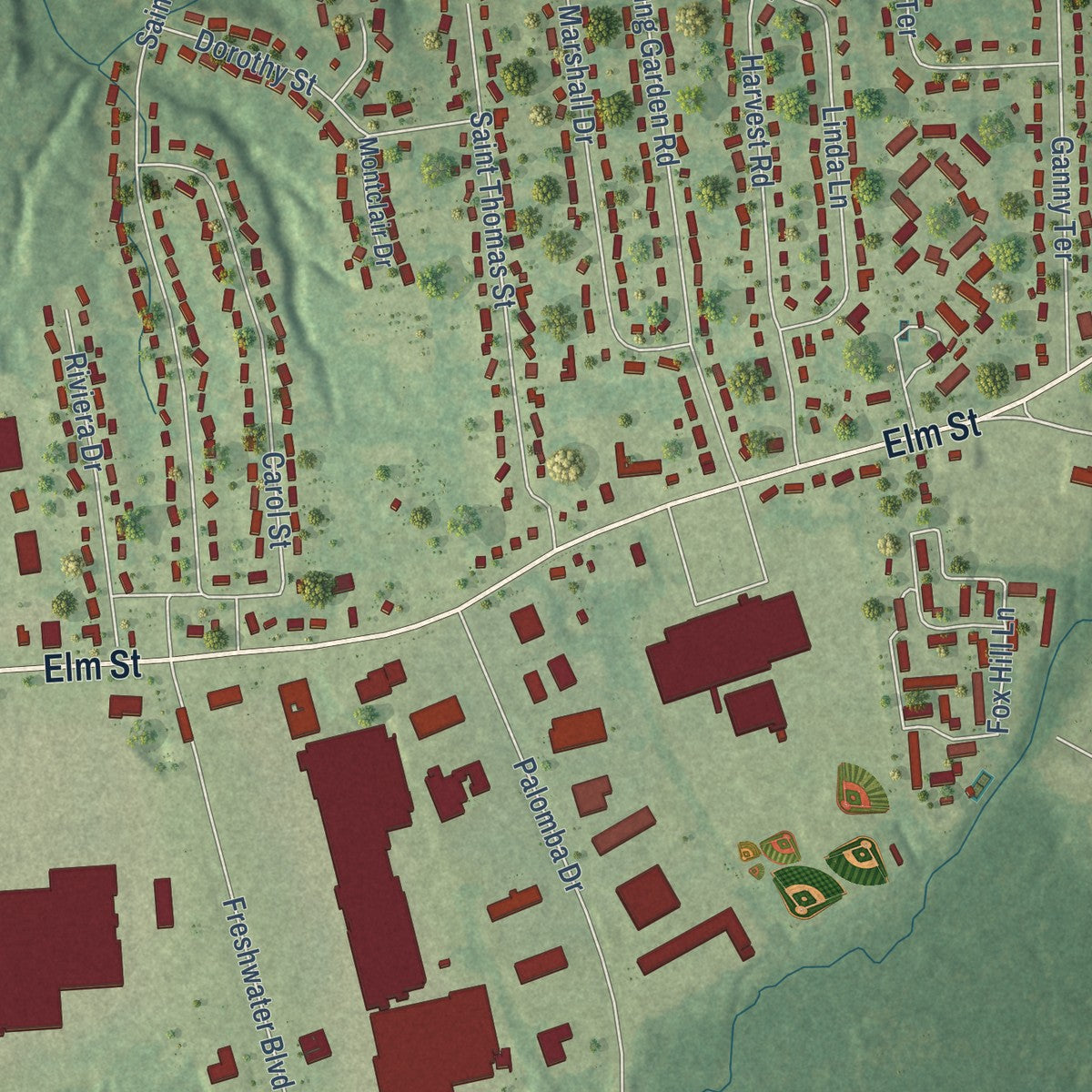 Close-up of the map of Sherwood Manor, Connecticut print showing street and building detail