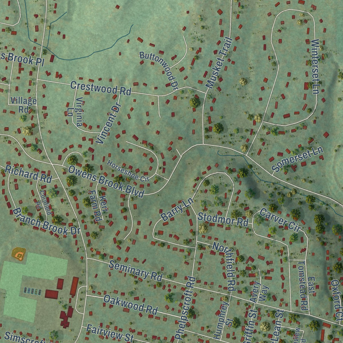 Close-up of the map of Simsbury Center, Connecticut print showing street and building detail