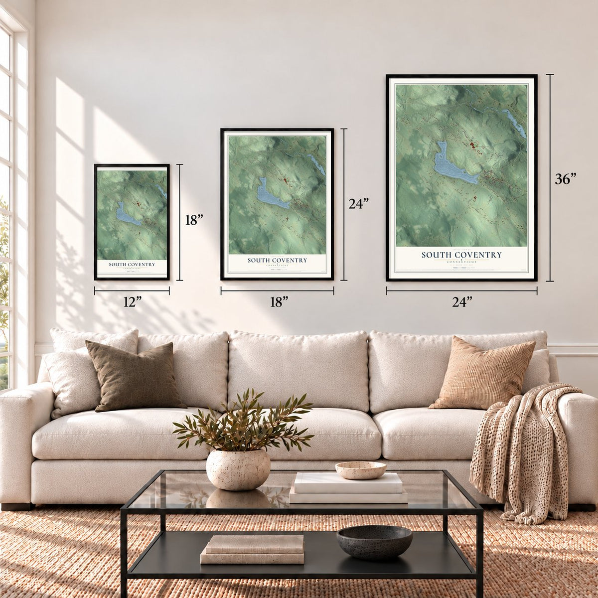 South Coventry, Connecticut map in 12 x 18, 18 x 24 and 24 x 36 inch sizes above a sofa