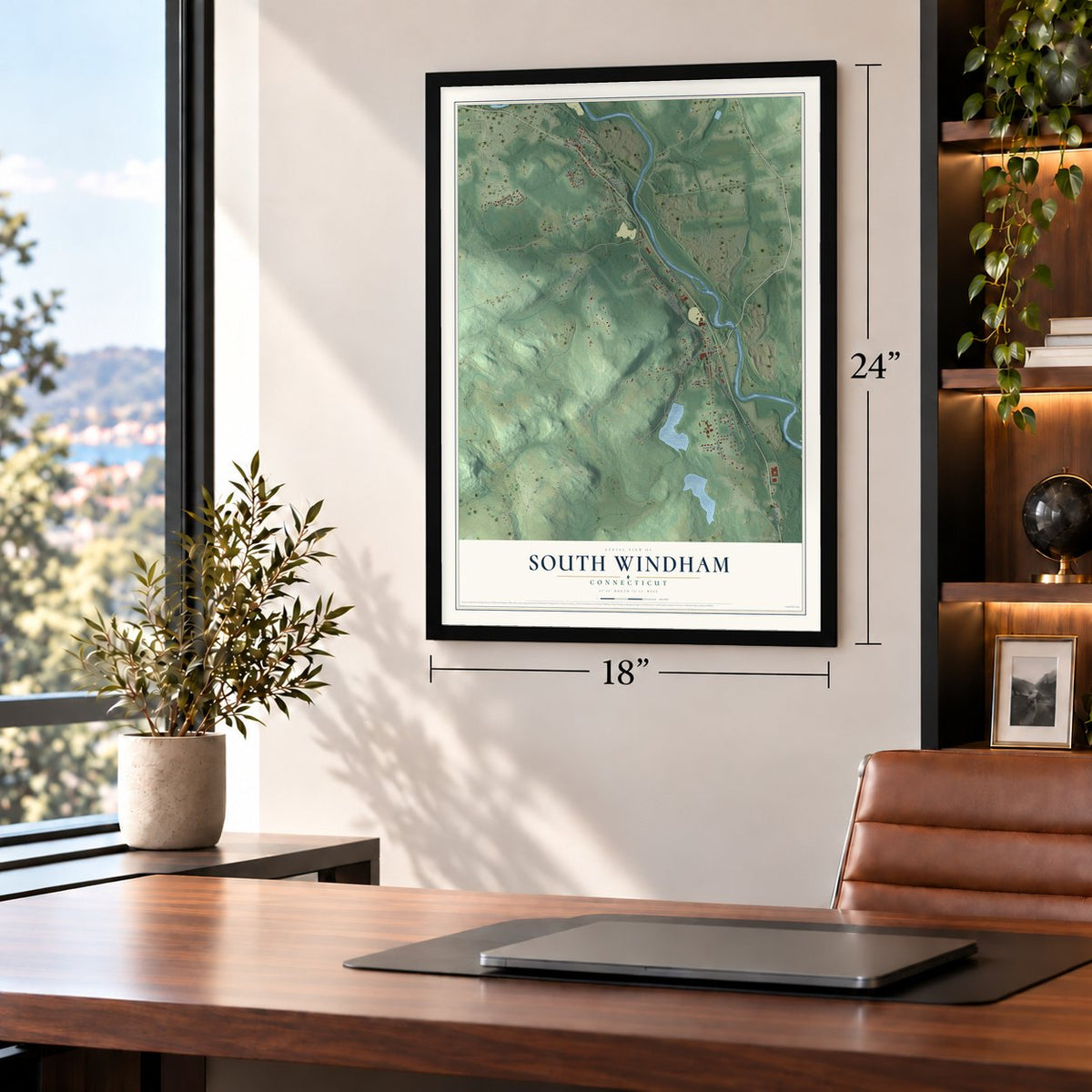 South Windham, Connecticut map, 18 x 24 inch print in a black frame in a home office