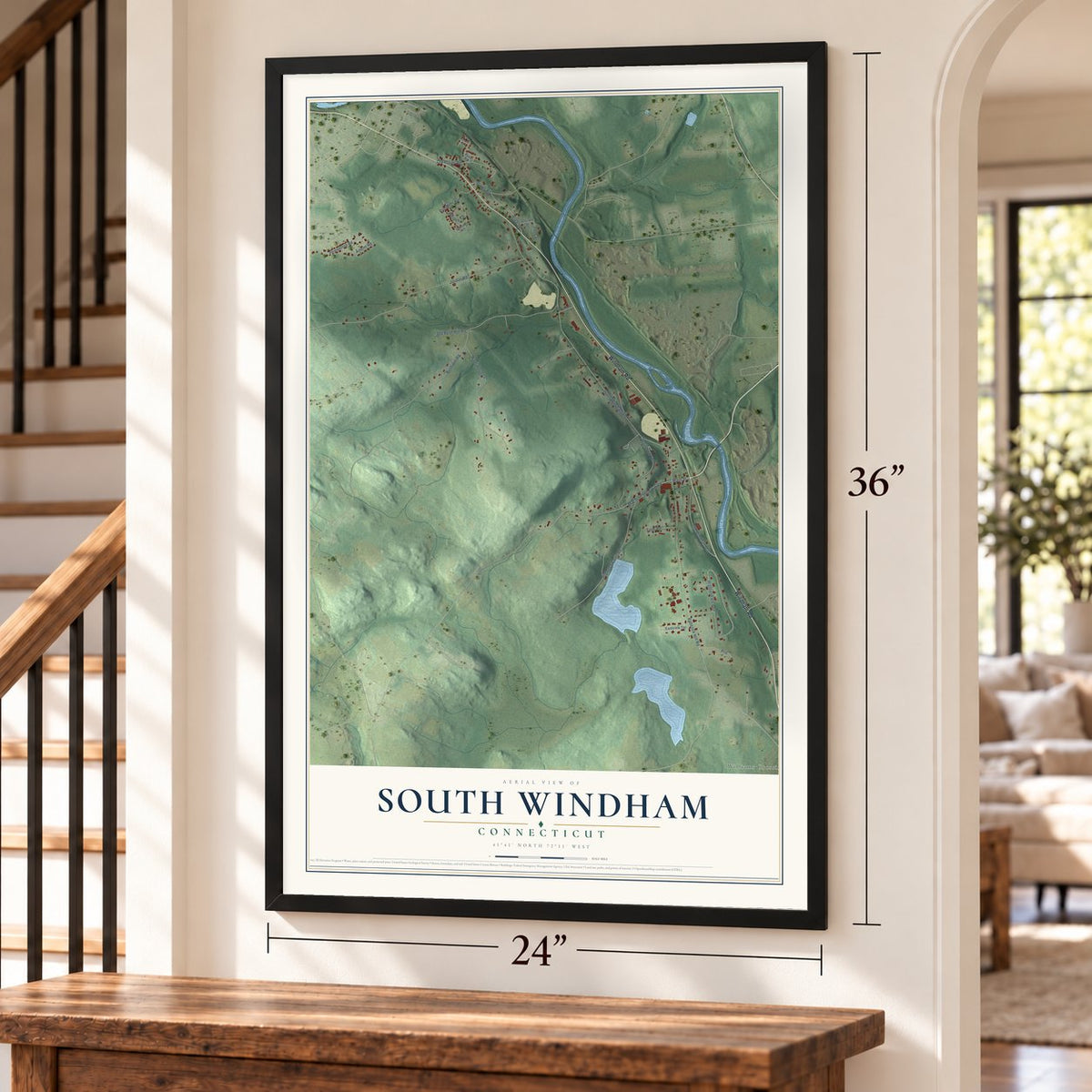 South Windham, Connecticut map, 24 x 36 inch print in a black frame by a staircase