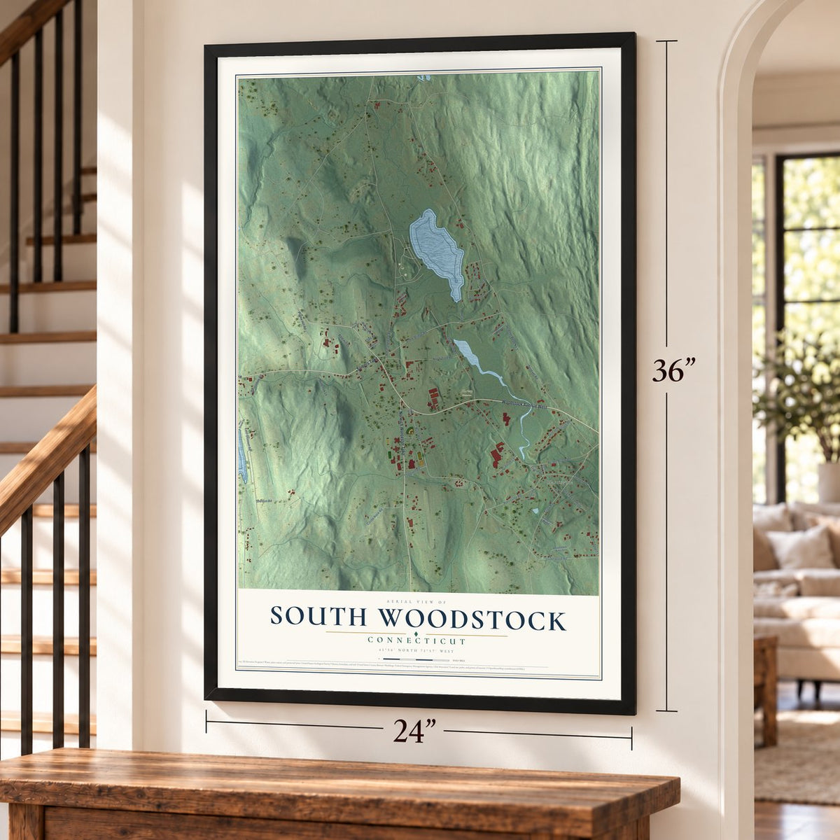 South Woodstock, Connecticut map, 24 x 36 inch print in a black frame by a staircase