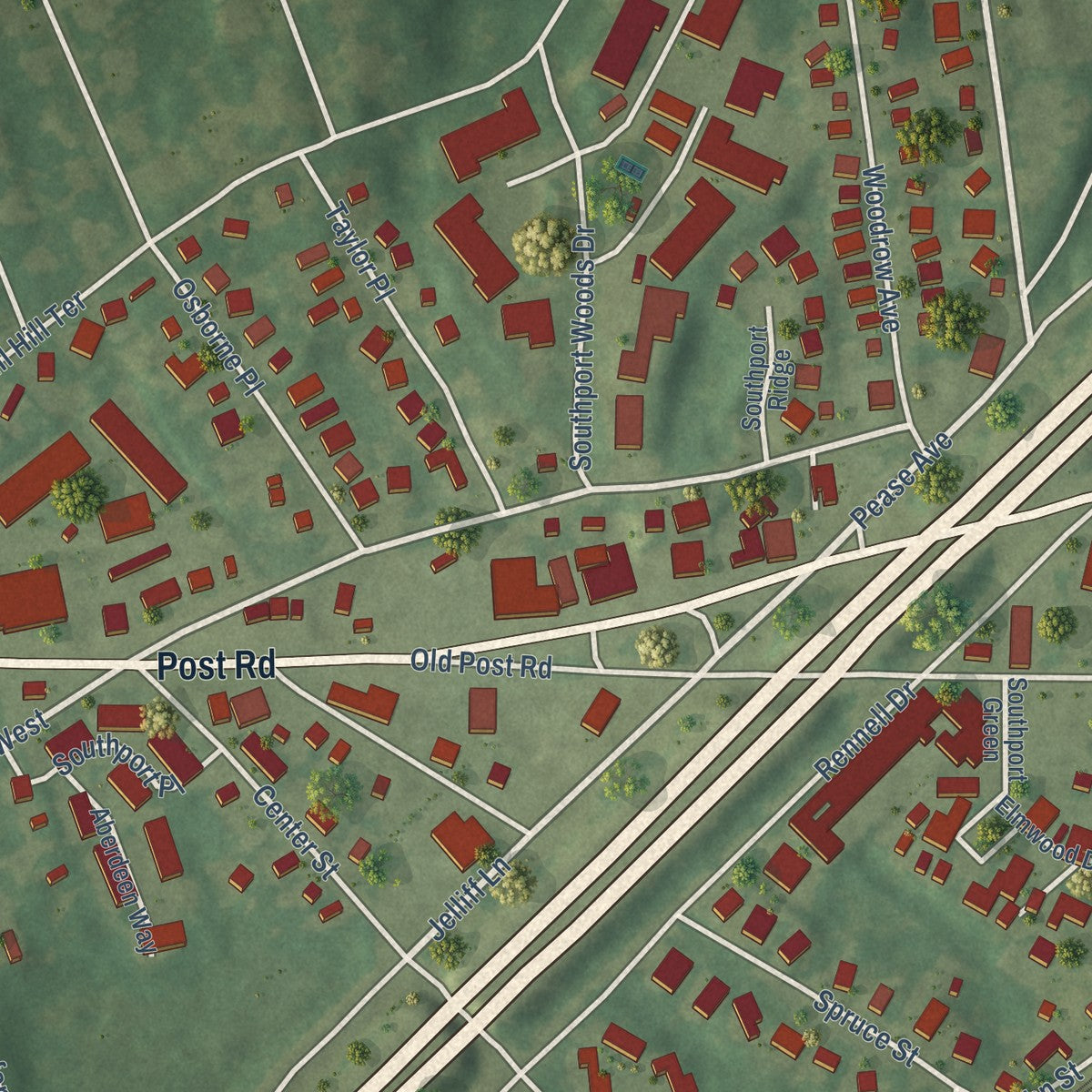 Close-up of the map of Southport, Connecticut print showing street and building detail
