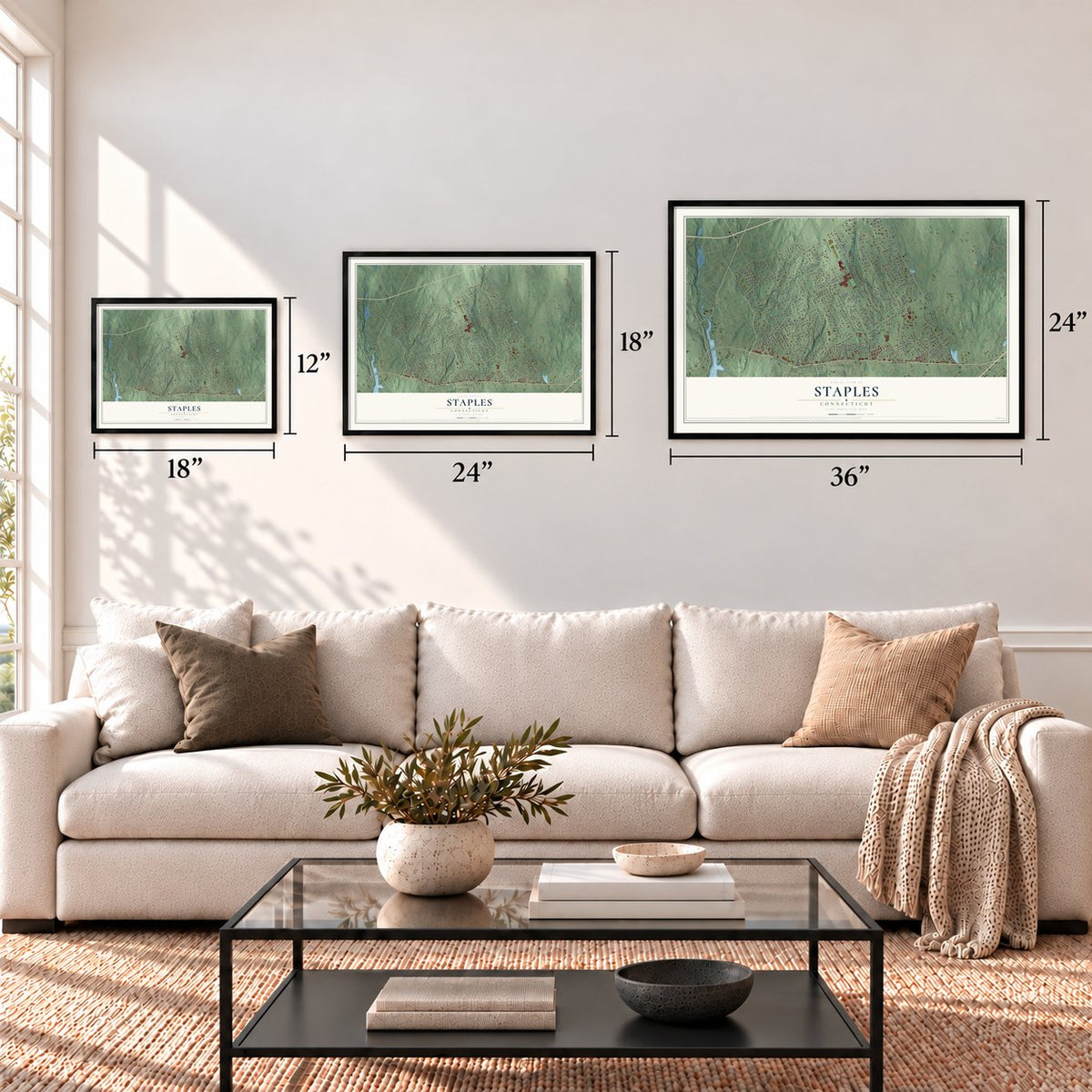 Staples, Connecticut map in 12 x 18, 18 x 24 and 24 x 36 inch sizes above a sofa