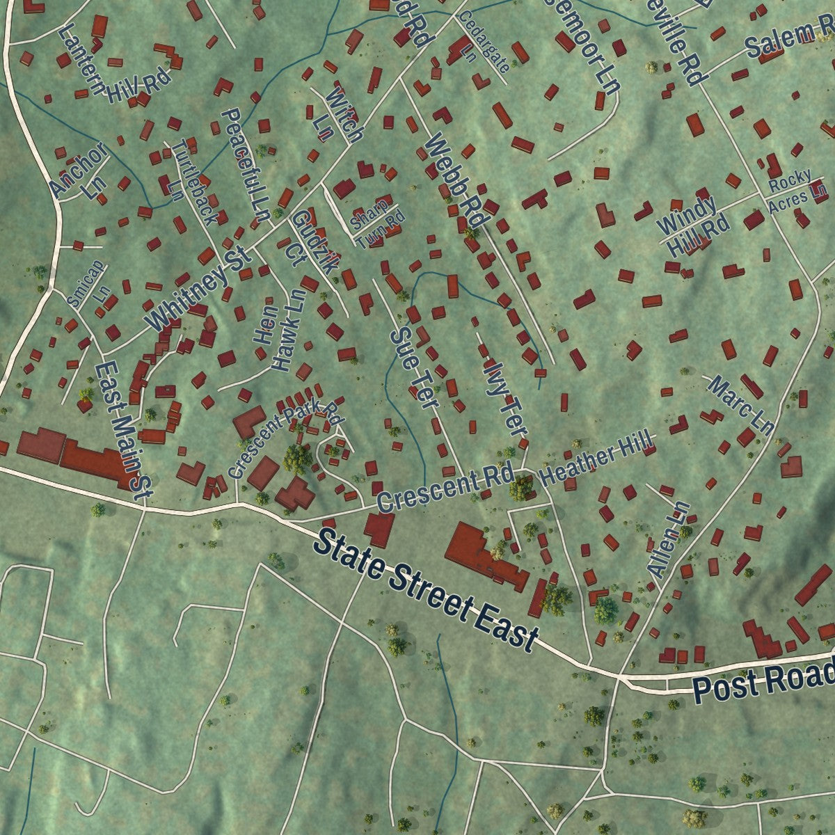Close-up of the map of Staples, Connecticut print showing street and building detail