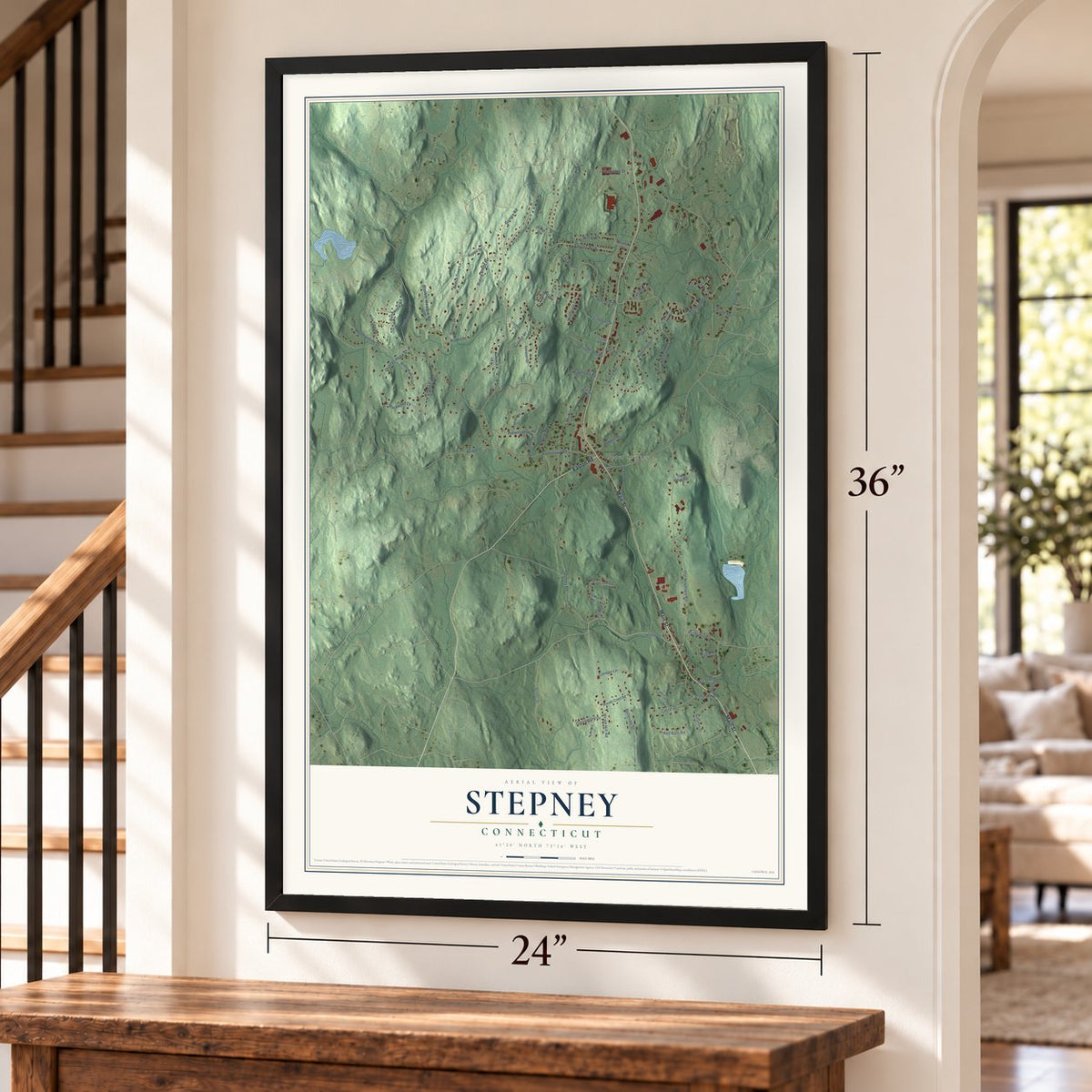 Stepney, Connecticut map, 24 x 36 inch print in a black frame by a staircase