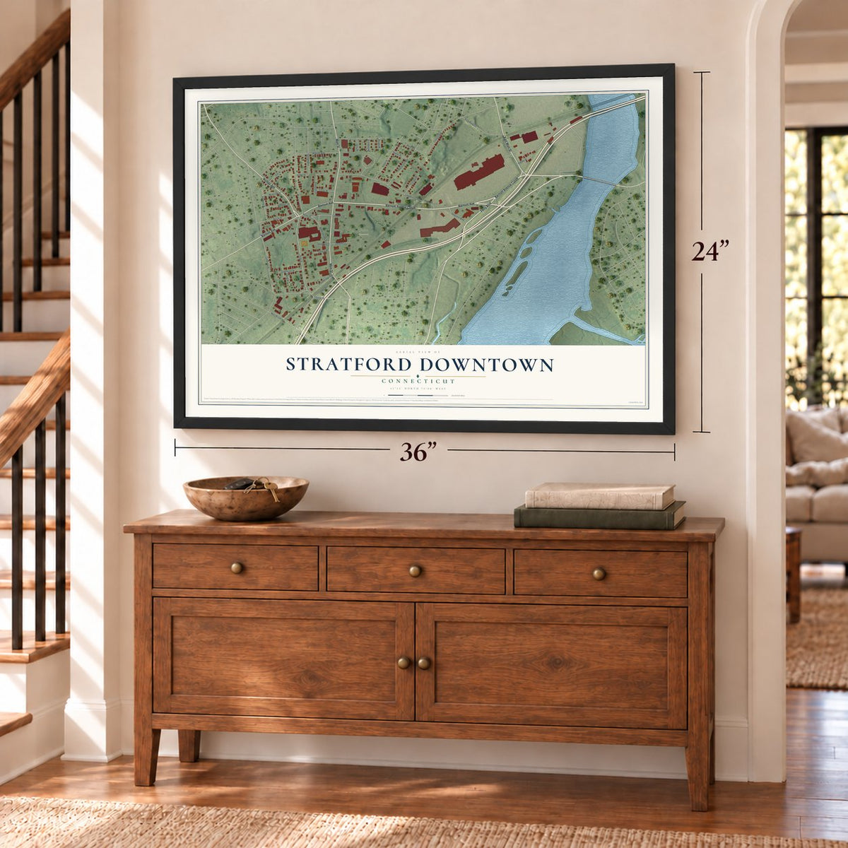 Stratford Downtown, Connecticut map, 24 x 36 inch print in a black frame above a dresser by a staircase