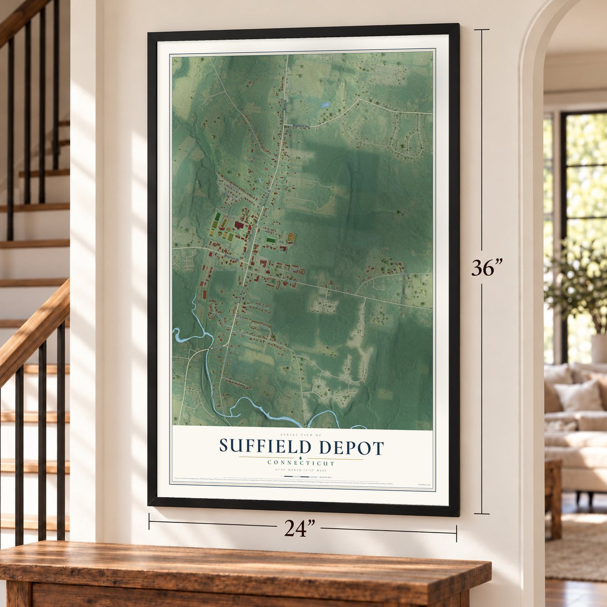 Suffield Depot, Connecticut map, 24 x 36 inch print in a black frame by a staircase