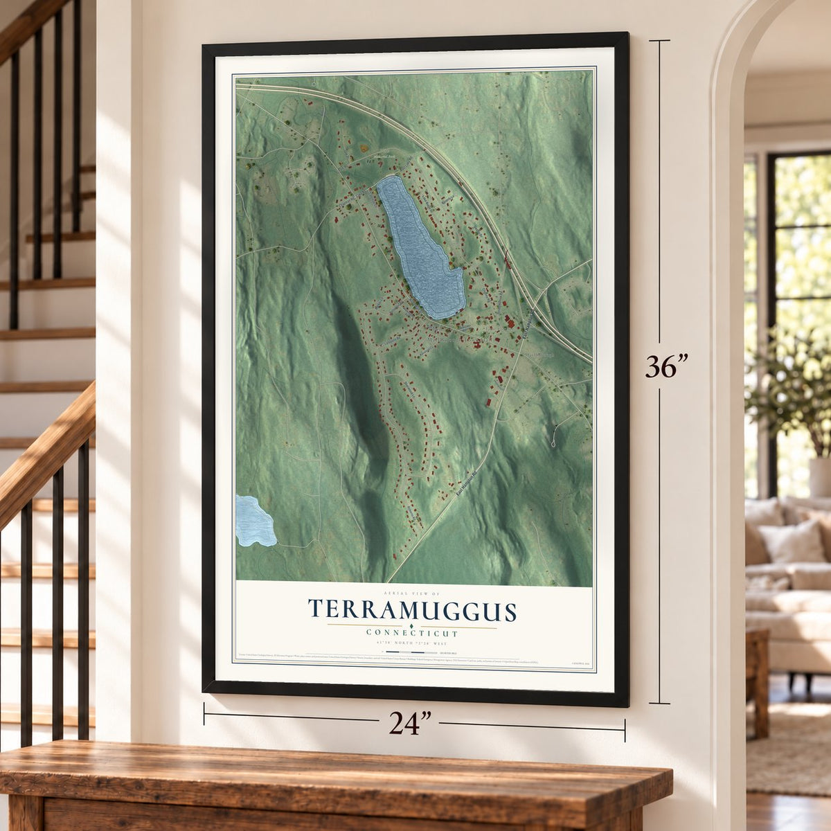 Terramuggus, Connecticut map, 24 x 36 inch print in a black frame by a staircase