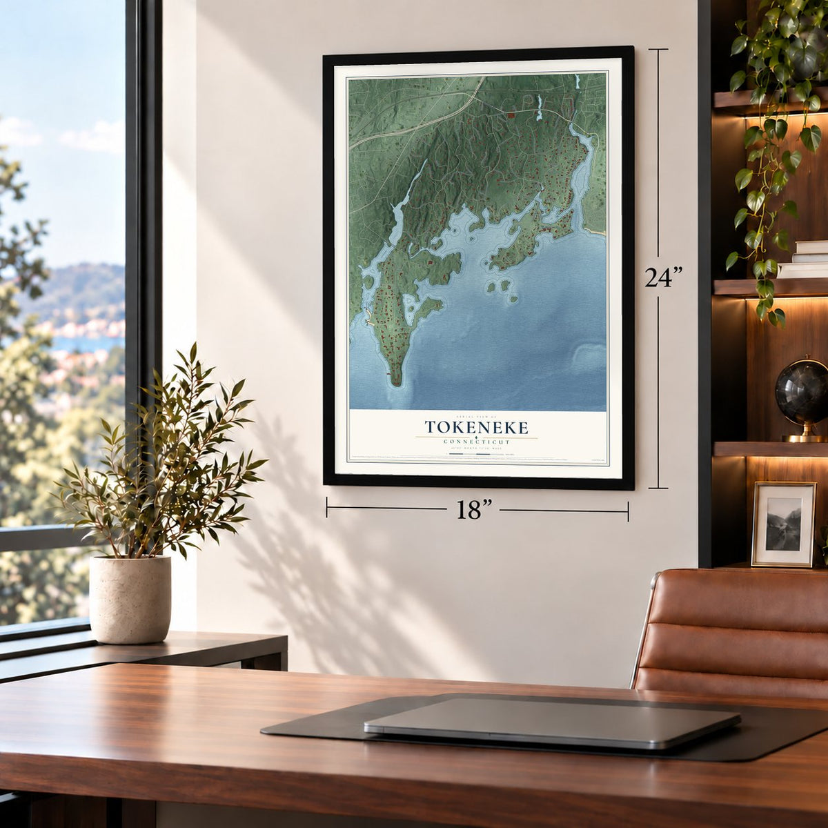 Tokeneke, Connecticut map, 18 x 24 inch print in a black frame in a home office