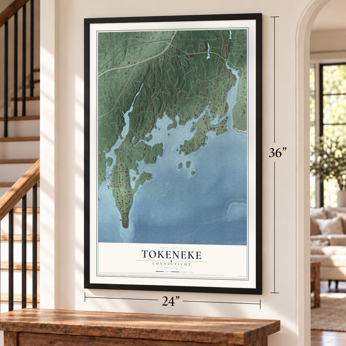 Tokeneke, Connecticut map, 24 x 36 inch print in a black frame by a staircase