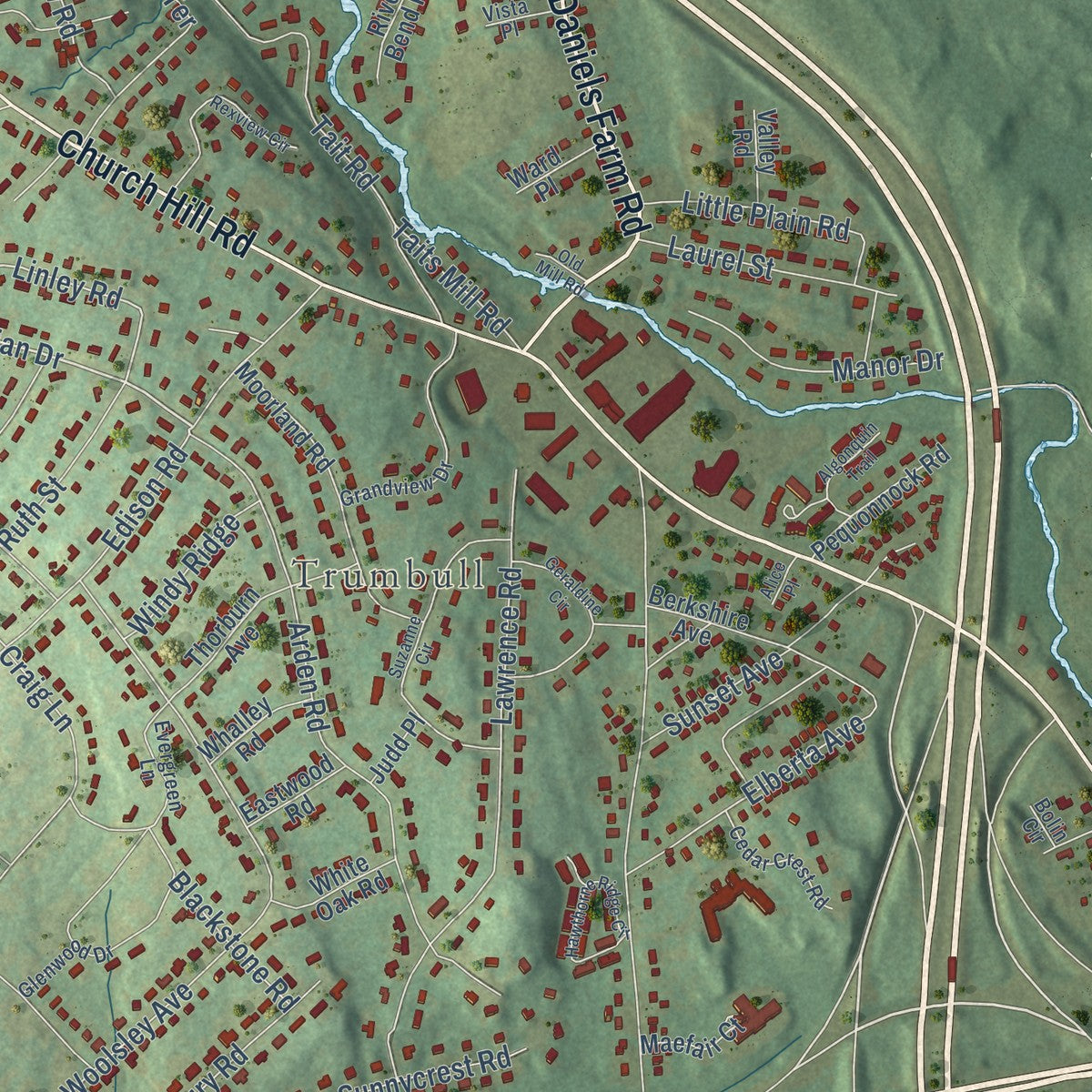 Close-up of the map of Trumbull Center, Connecticut print showing street and building detail