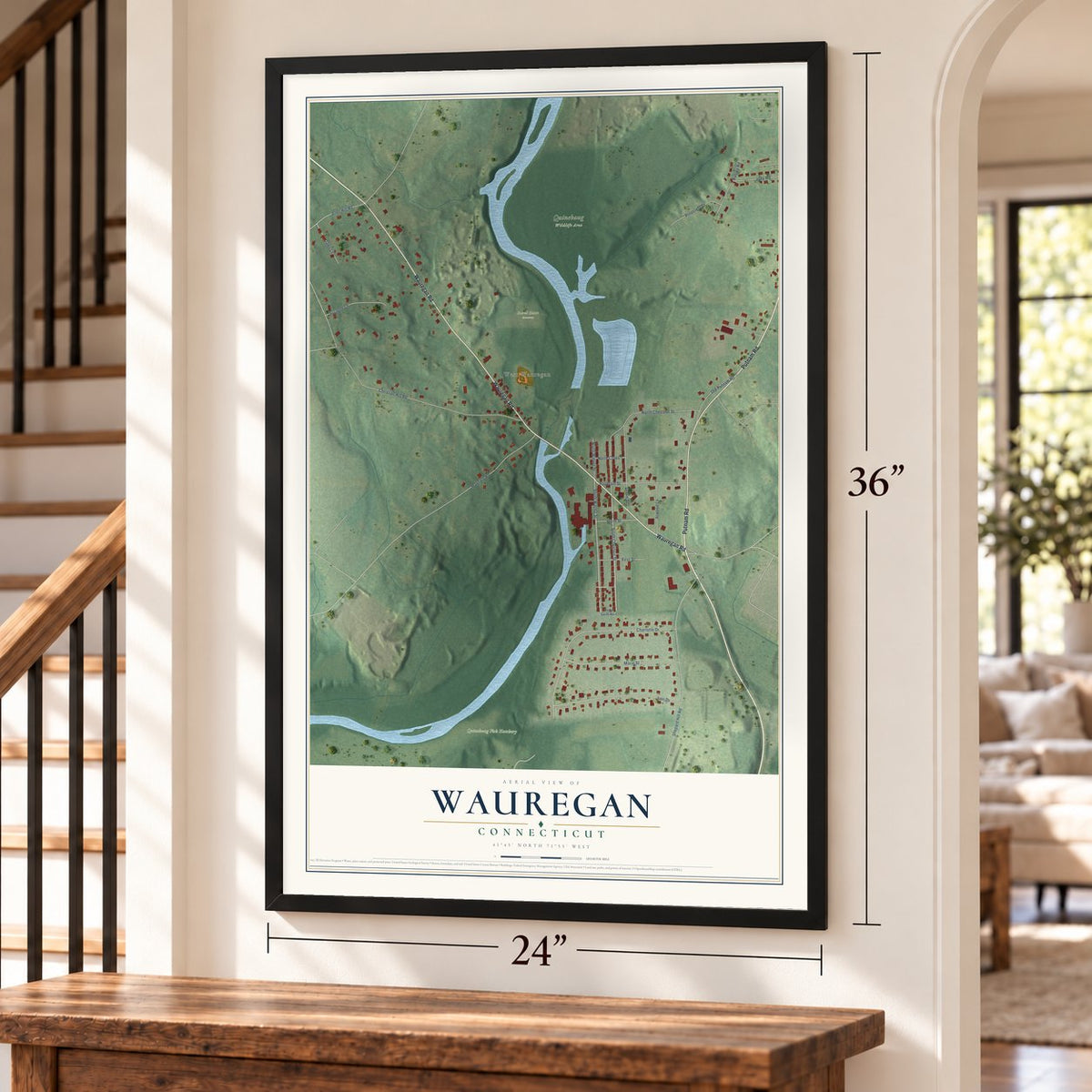Wauregan, Connecticut map, 24 x 36 inch print in a black frame by a staircase