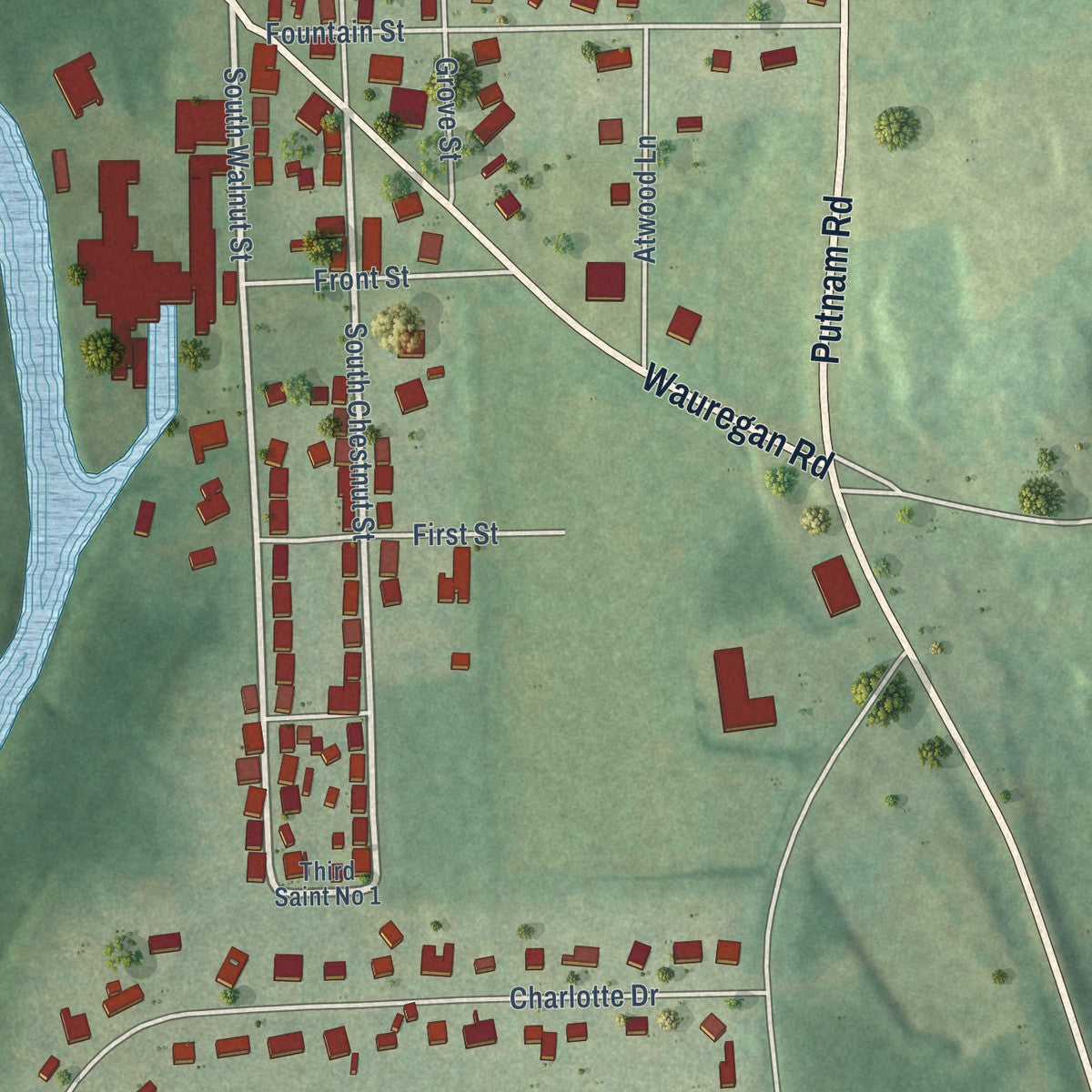 Close-up of the map of Wauregan, Connecticut print showing street and building detail