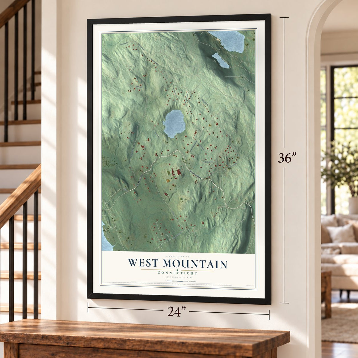 West Mountain, Connecticut map, 24 x 36 inch print in a black frame by a staircase