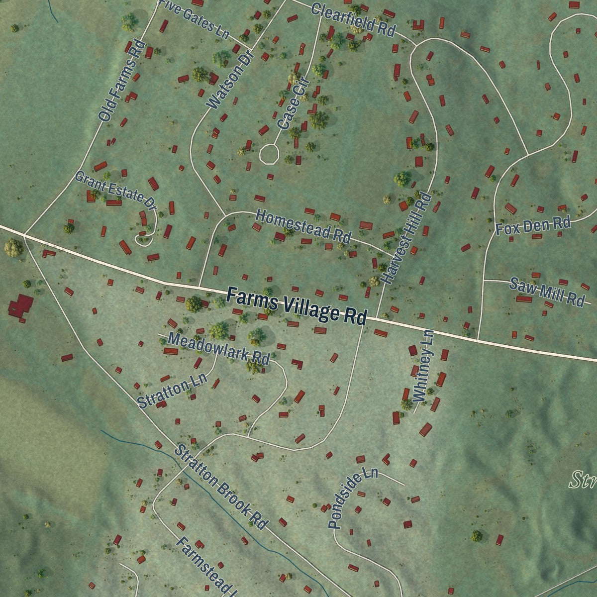 Close-up of the map of West Simsbury, Connecticut print showing street and building detail