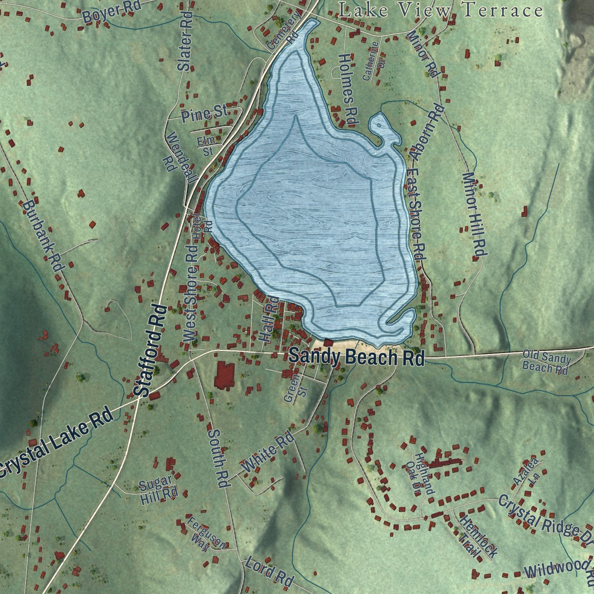 Close-up of the map of West Stafford, Connecticut print showing street and building detail