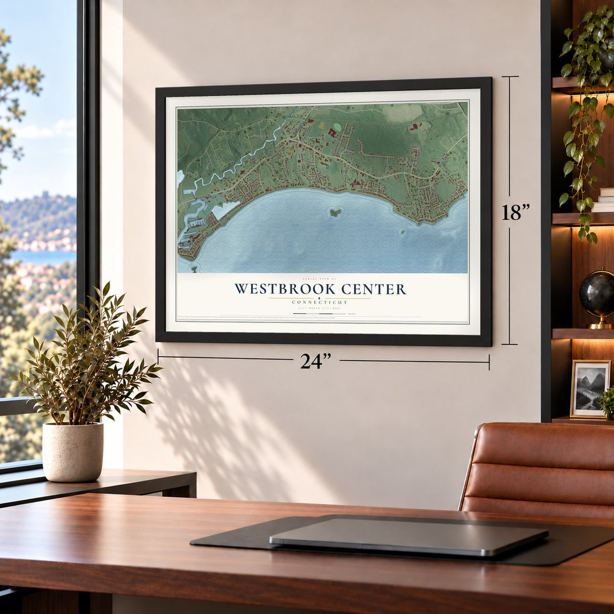 Westbrook Center, Connecticut map, 18 x 24 inch print in a black frame in a home office