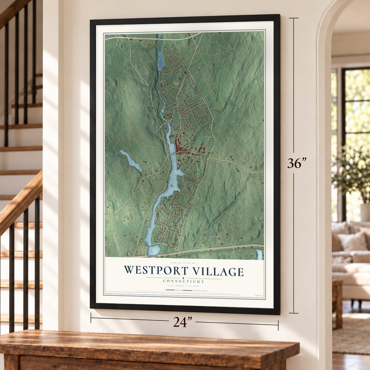 Westport Village, Connecticut map, 24 x 36 inch print in a black frame by a staircase