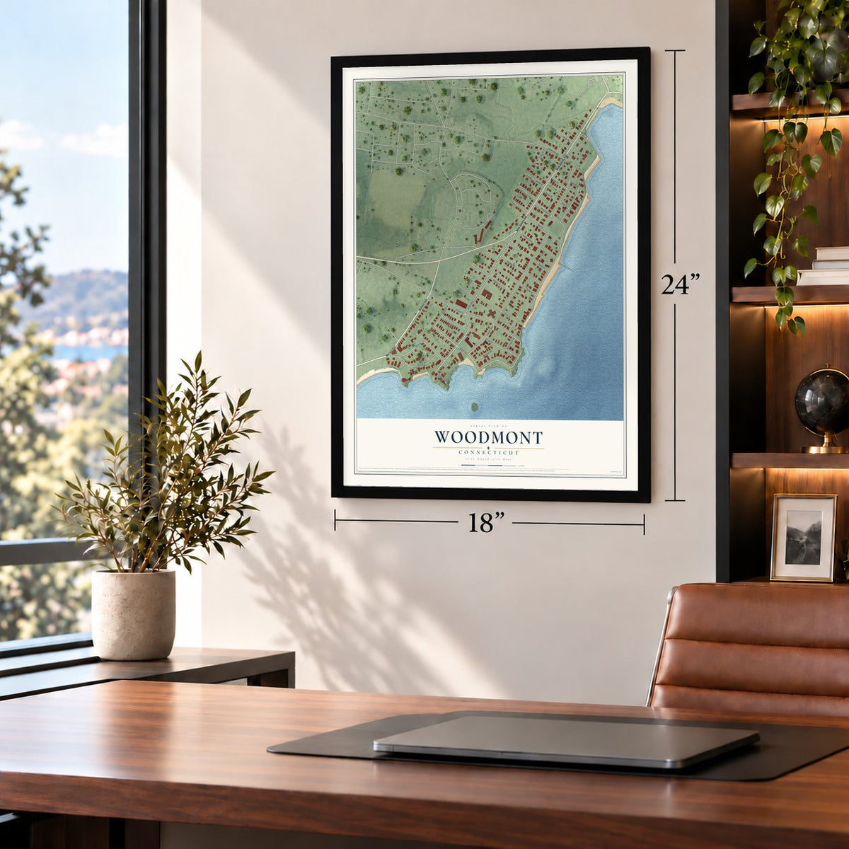 Woodmont, Connecticut map, 18 x 24 inch print in a black frame in a home office