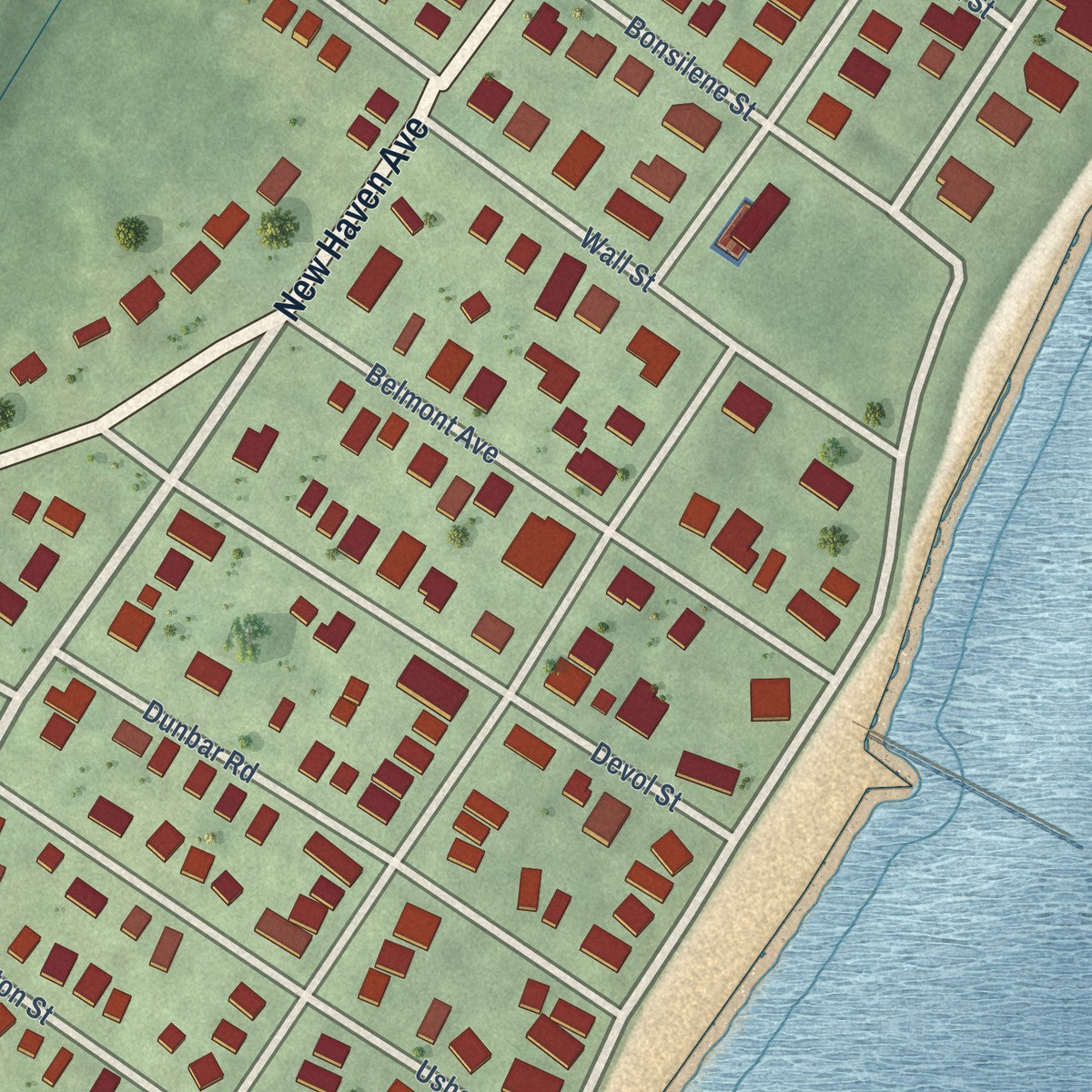 Close-up of the map of Woodmont, Connecticut print showing street and building detail