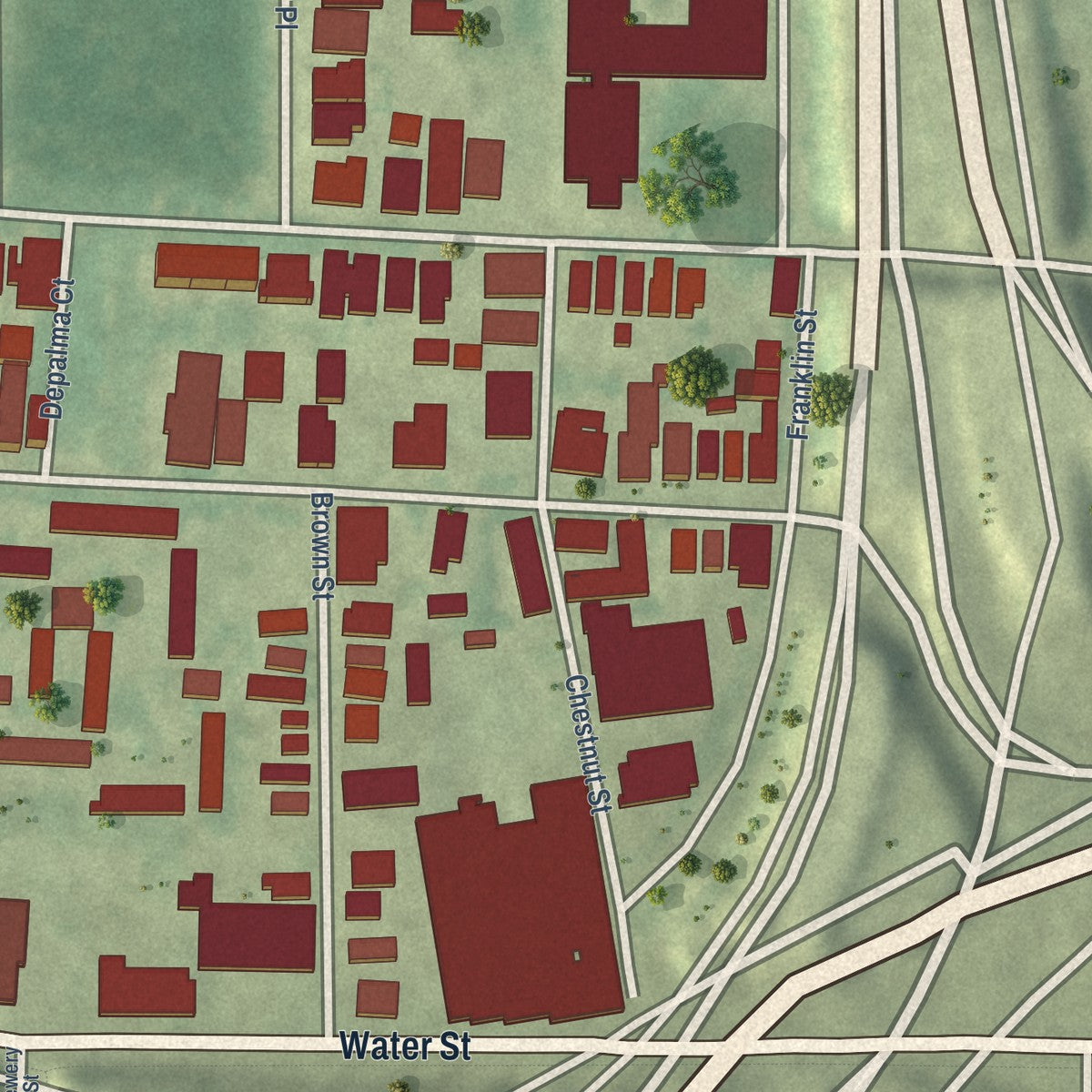 Close-up of the map of Wooster Square, Connecticut print showing street and building detail