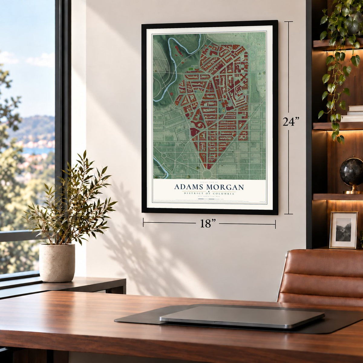 Adams Morgan, District of Columbia map, 18 x 24 inch print in a black frame in a home office