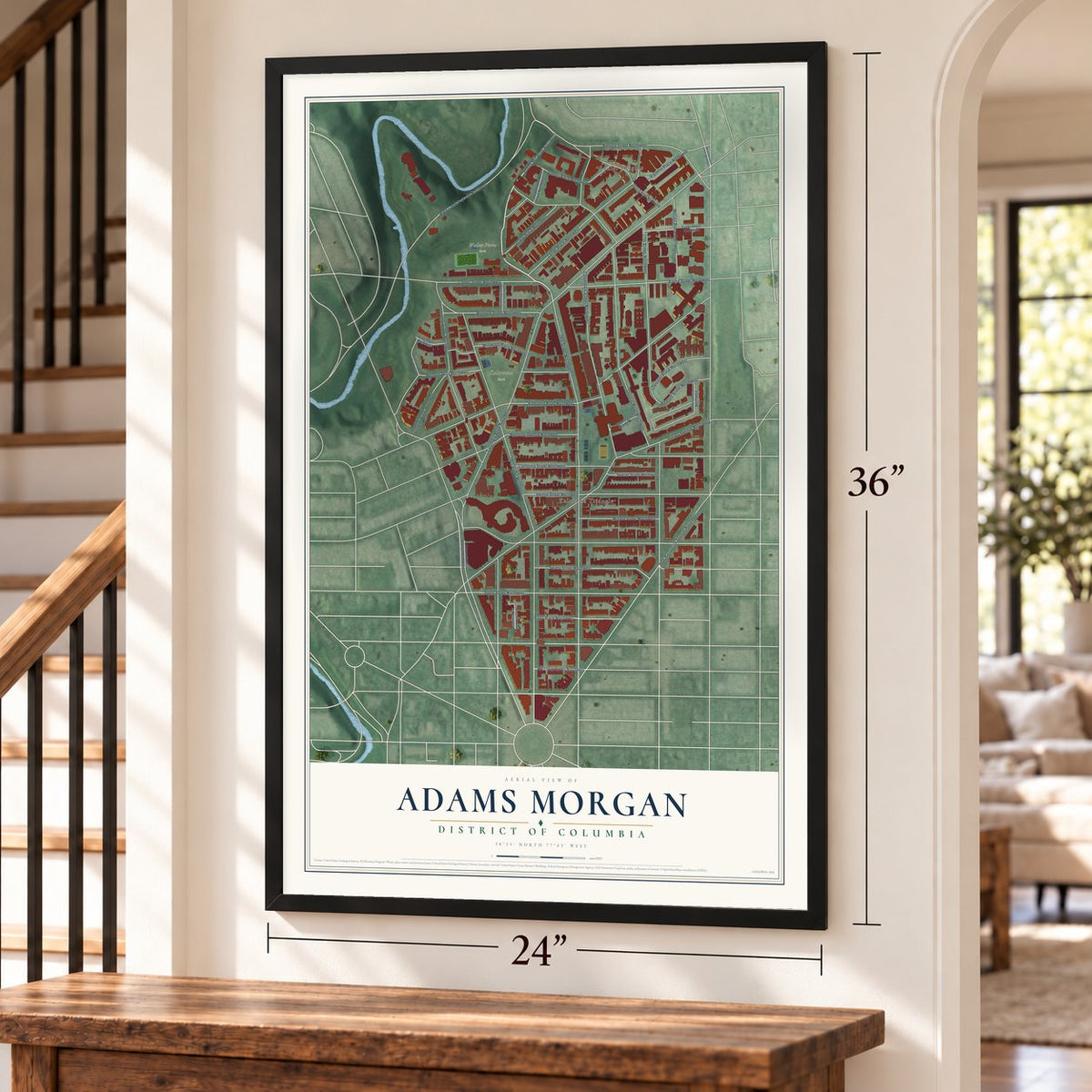 Adams Morgan, District of Columbia map, 24 x 36 inch print in a black frame by a staircase