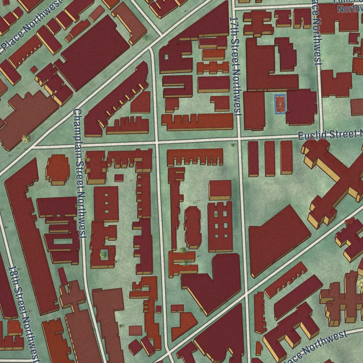 Close-up of the map of Adams Morgan, District of Columbia print showing street and building detail